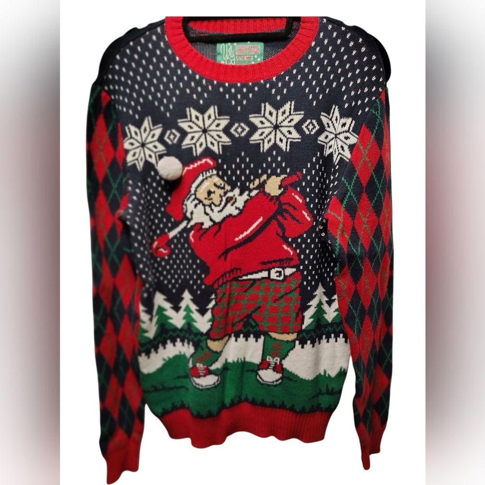 Ugly Christmas Sweater Golfing Santa Men's Pullover Size M  Holiday Festive EUC